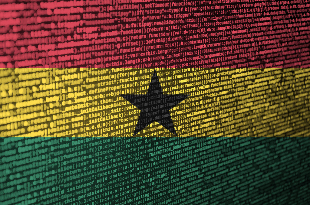[Ghana] Government fighting corruption with blockchain technology - flag of Ghana with digital code embedded in colours, tech advances helping Ghana
