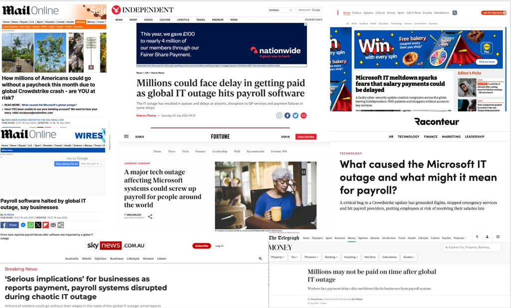 Melanie Pizzey on Payroll and July's Global IT Outage - headlines from global IT outages, Mel Pizzey on Microsoft Global IT Outage