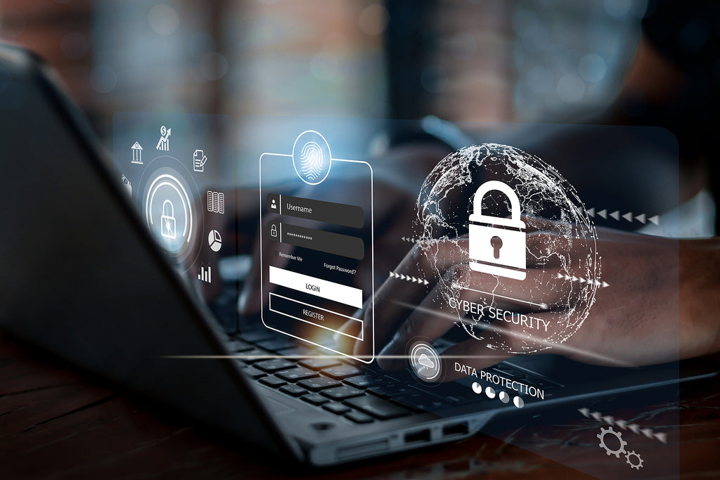 The Imperative of Data Security in Payroll: Compliance, Trust, and Reputational Stewardship - payroll and data security, cybersecurity icons imposed over picture of someone working at a laptop, payroll data security, safeguarding payroll data